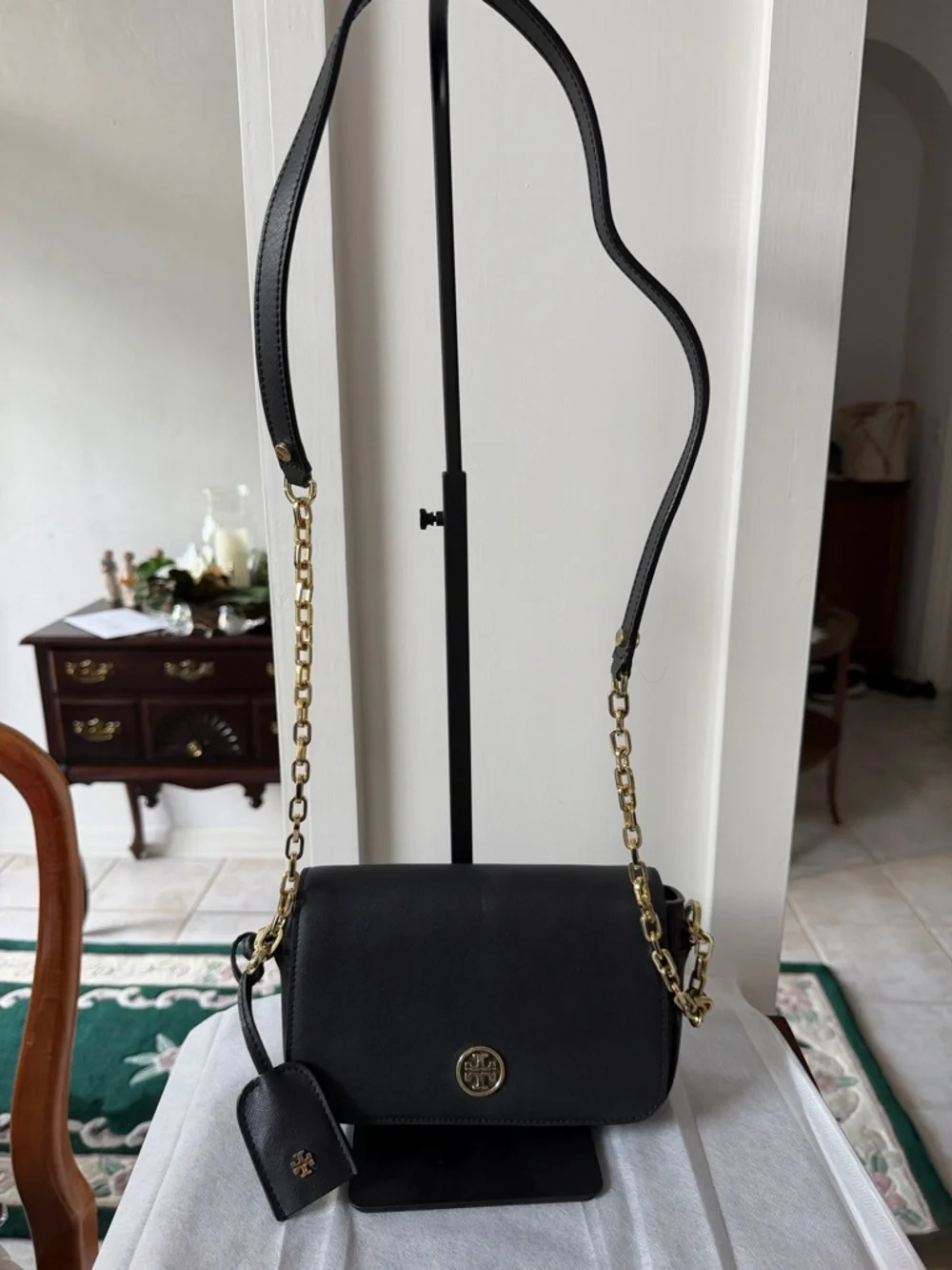 Tory Burch Black Leather Crossbody with Gold Chain Strap